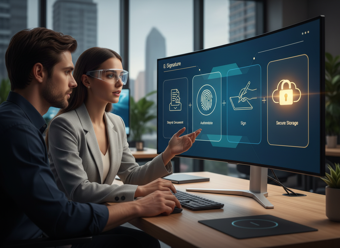 Infographic showing the four-step e-signature process: document upload, authentication, signing, and secure storage, with clear icons and a digital padlock symbol for encryption.