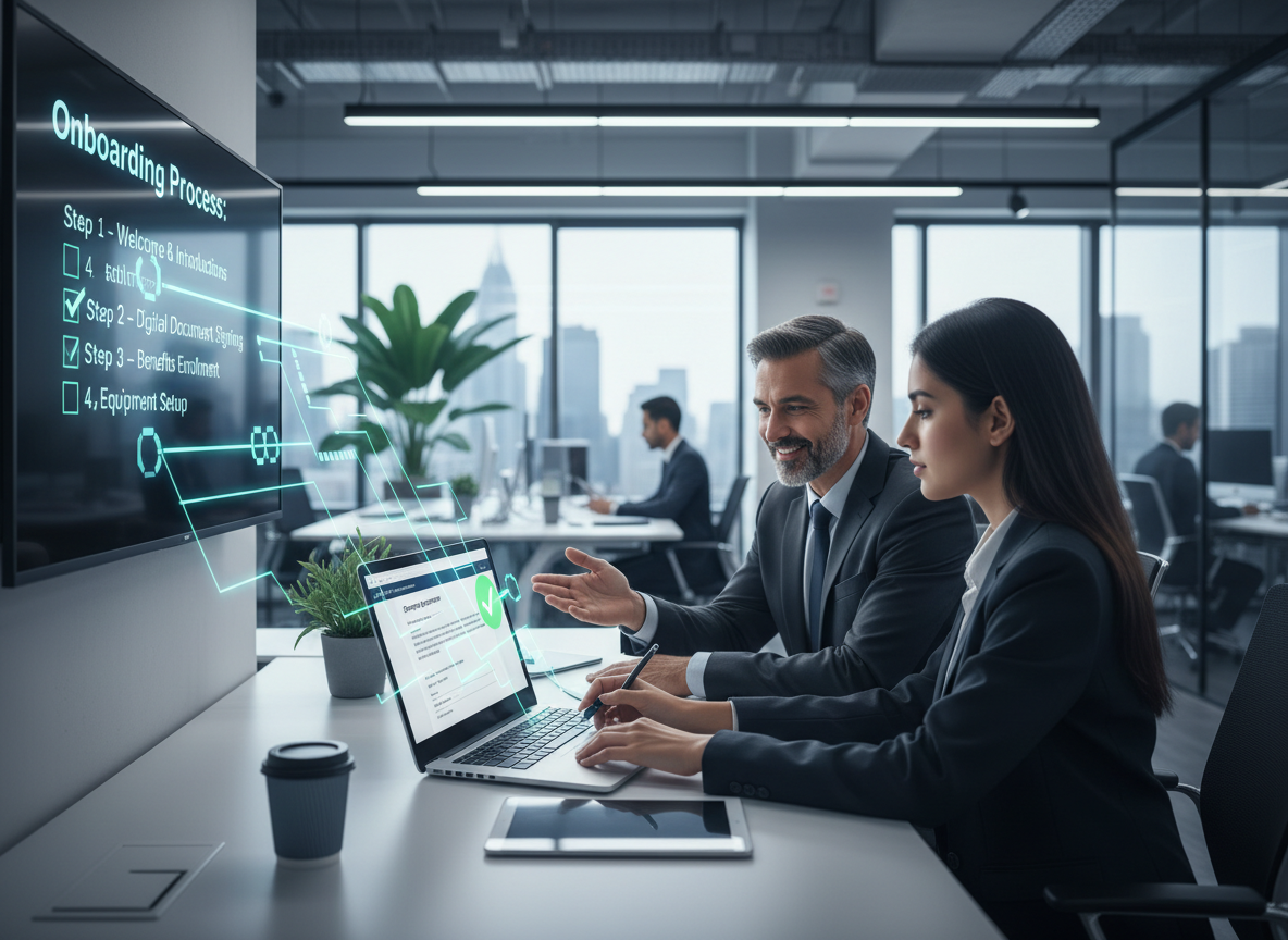 A new hire signs onboarding documents digitally on a laptop, while an HR manager reviews a checklist on a monitor with a workflow diagram overlay.