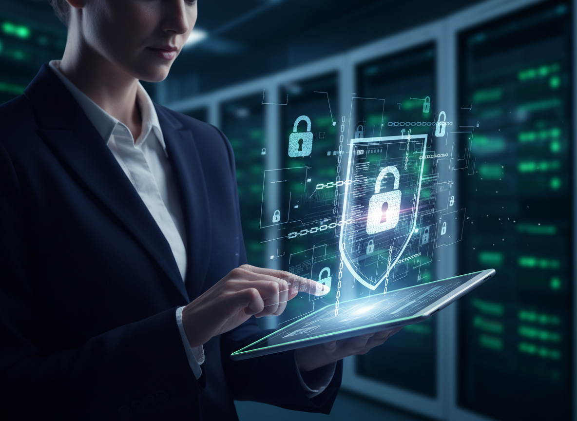 A cybersecurity analyst reviews a holographic encrypted document in a modern tech office, emphasizing the security advantages of electronic signatures.