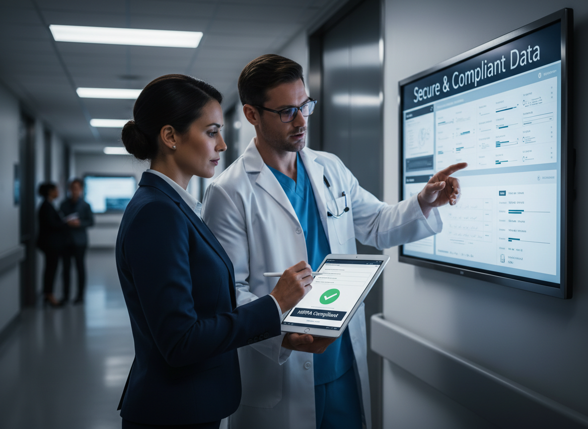 A healthcare administrator signs a HIPAA-compliant digital form on a tablet in a hospital corridor, with a doctor reviewing secure patient data on a screen.