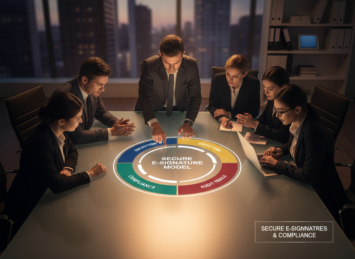 A team of professionals reviews a circular infographic labeled 'SECURE E-Signature Model' on a glowing interactive table in a conference room.