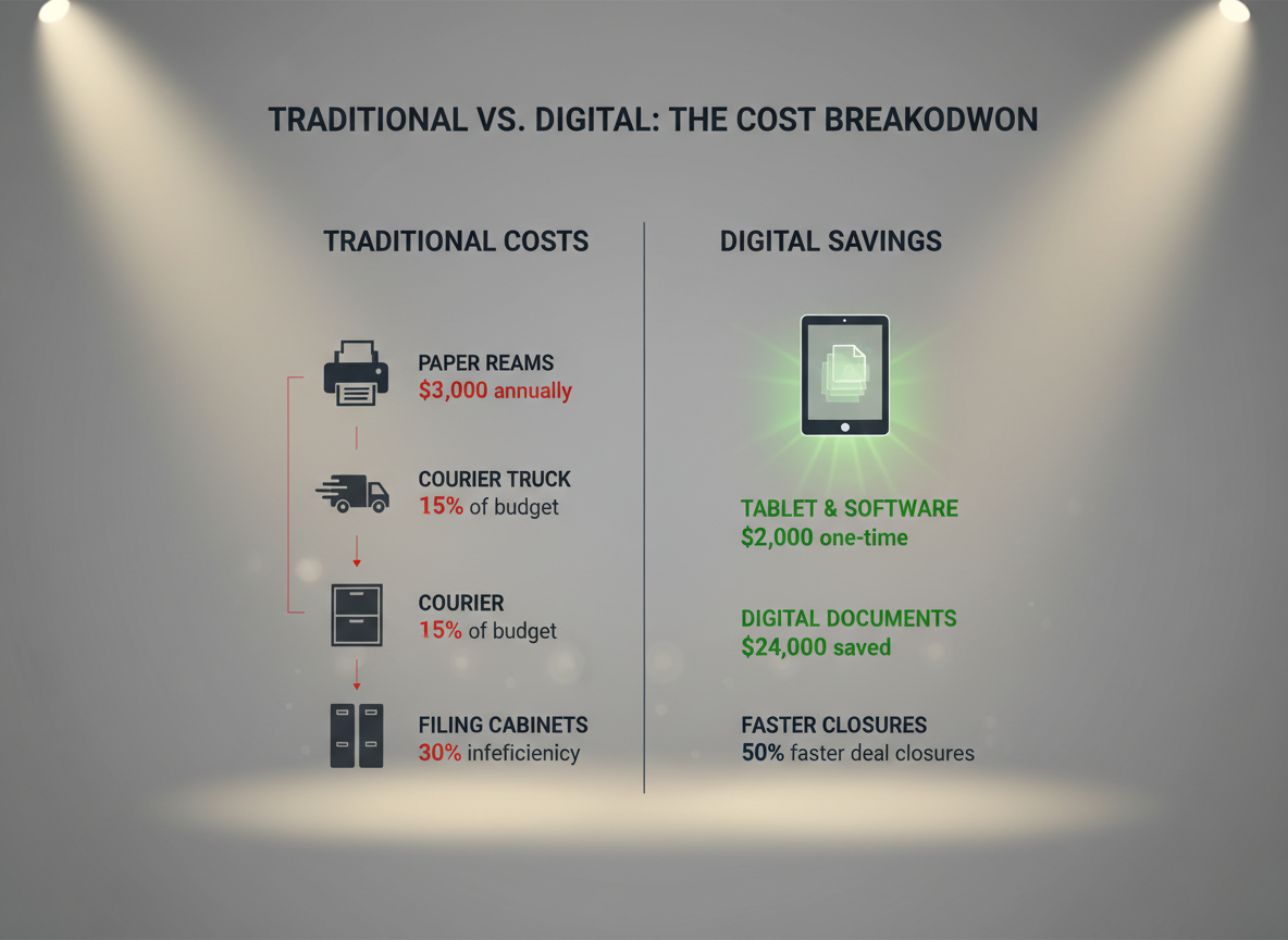 Side-by-side comparison of traditional signing costs versus digital signing savings with clear dollar figures.
