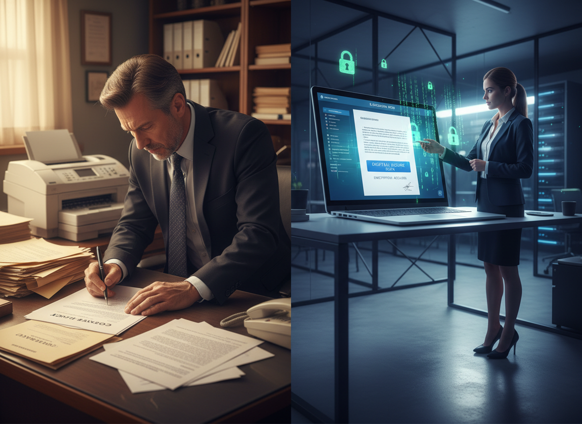 Timeline illustration showing the evolution of e-signatures from paper-based processes to secure digital technology.