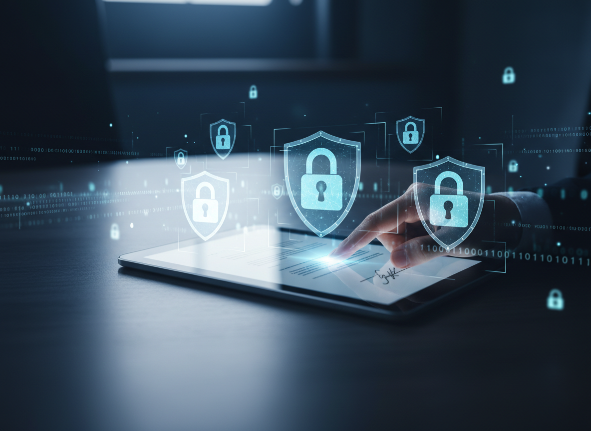 A digital signature on a tablet protected by holographic encryption symbols like shields and padlocks.