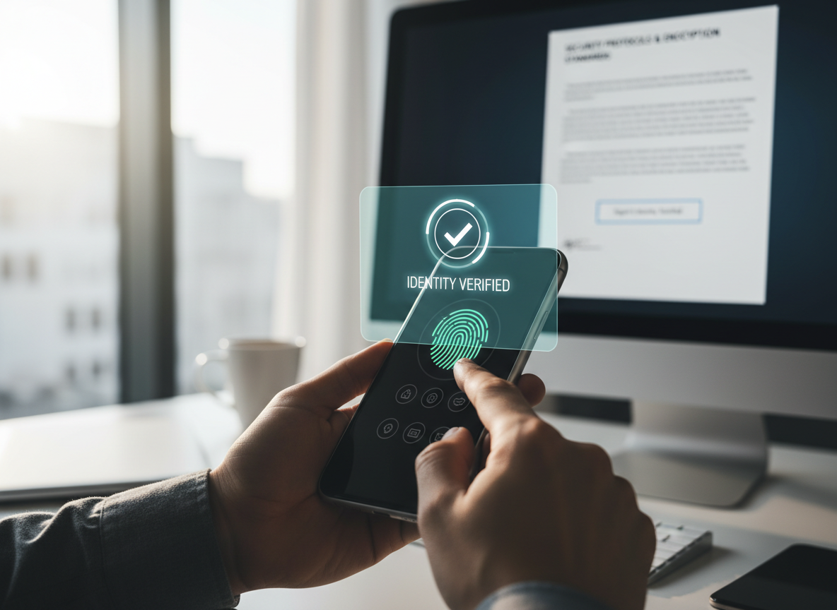 Close-up of a smartphone showing a fingerprint scan and 'Identity Verified' message during authentication for e-signature.