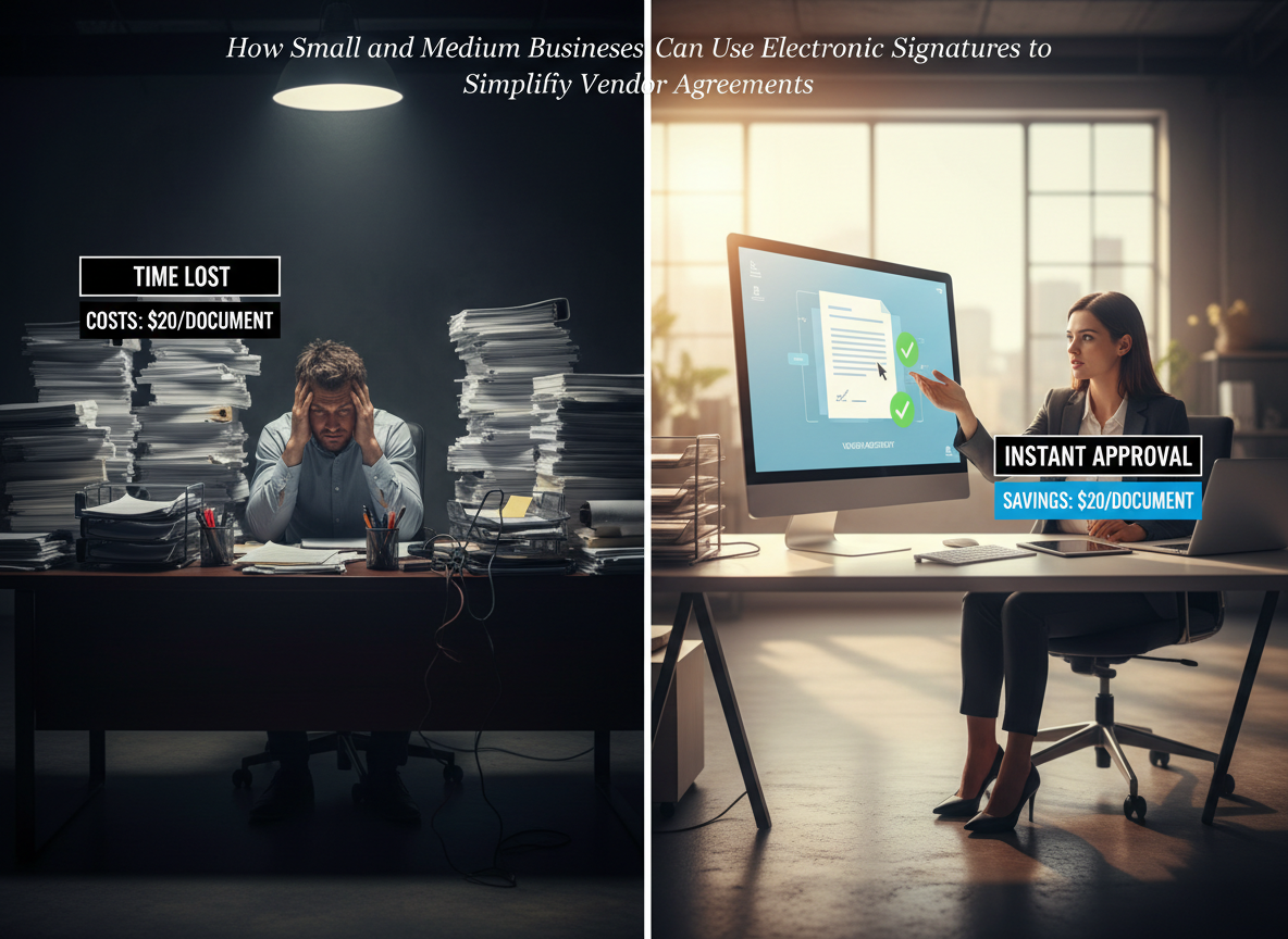 Comparison of manual paperwork with electronic signatures, highlighting time and cost savings for businesses.