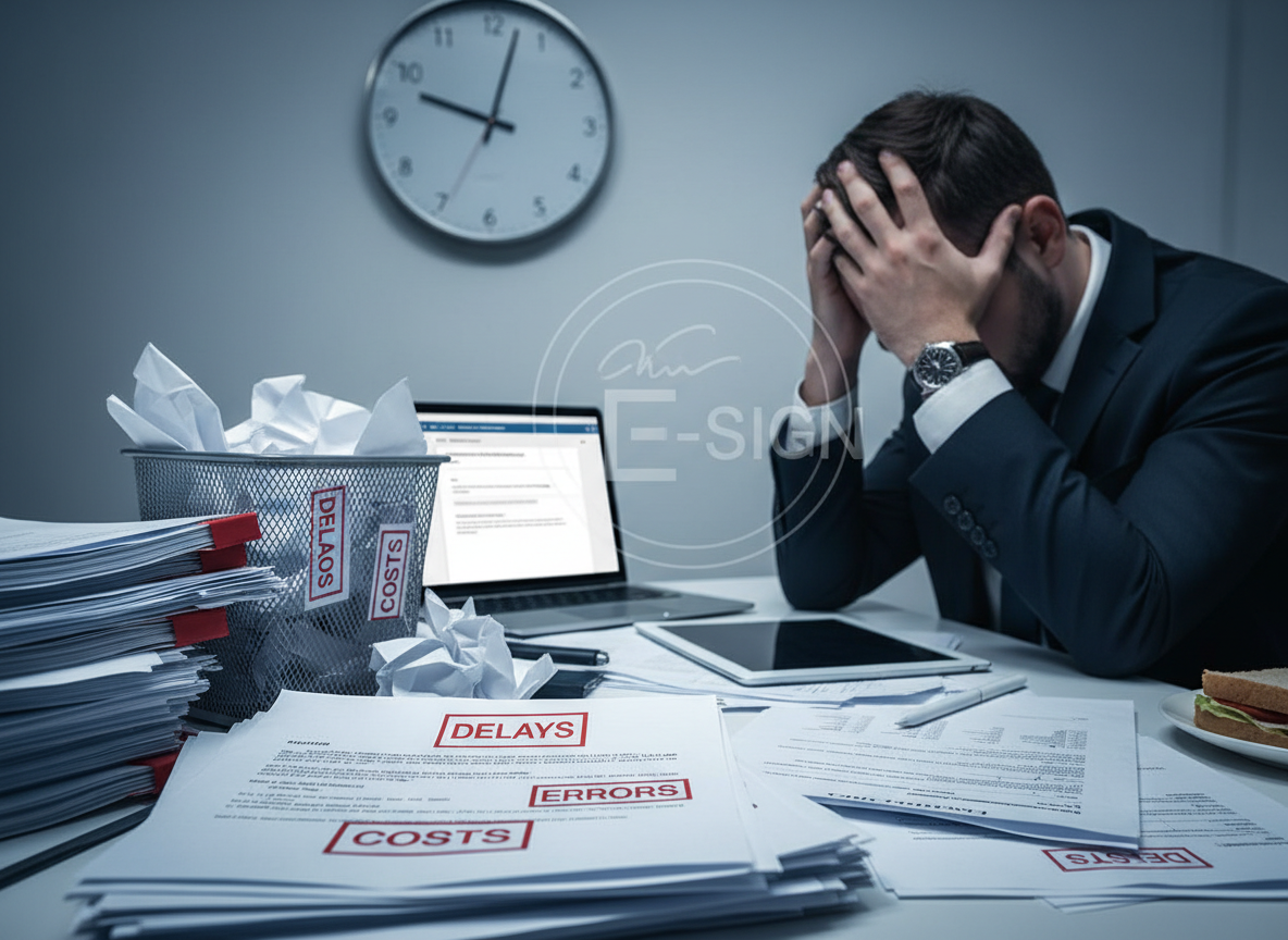 Cluttered desk with labeled paperwork illustrating delays, errors, and costs in traditional vendor agreements.