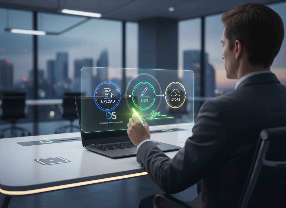 Step-by-step e-signature workflow showing upload, sign, and store processes with icons.