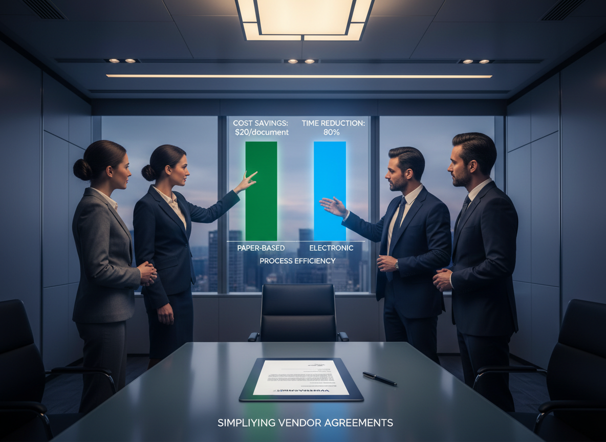 Bar chart comparing cost savings and time reductions between paper-based and electronic signature processes.