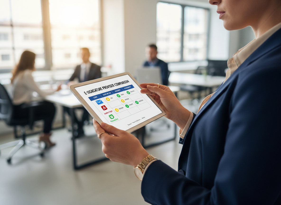 Decision matrix comparing e-signature solutions based on cost, ease of use, security, and scalability.
