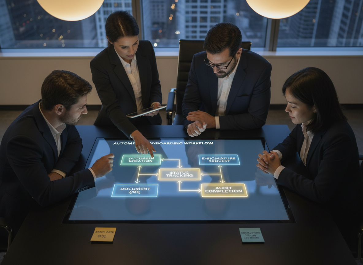 Overhead view of a collaborative team reviewing an interactive flowchart for automated onboarding using e-signatures.