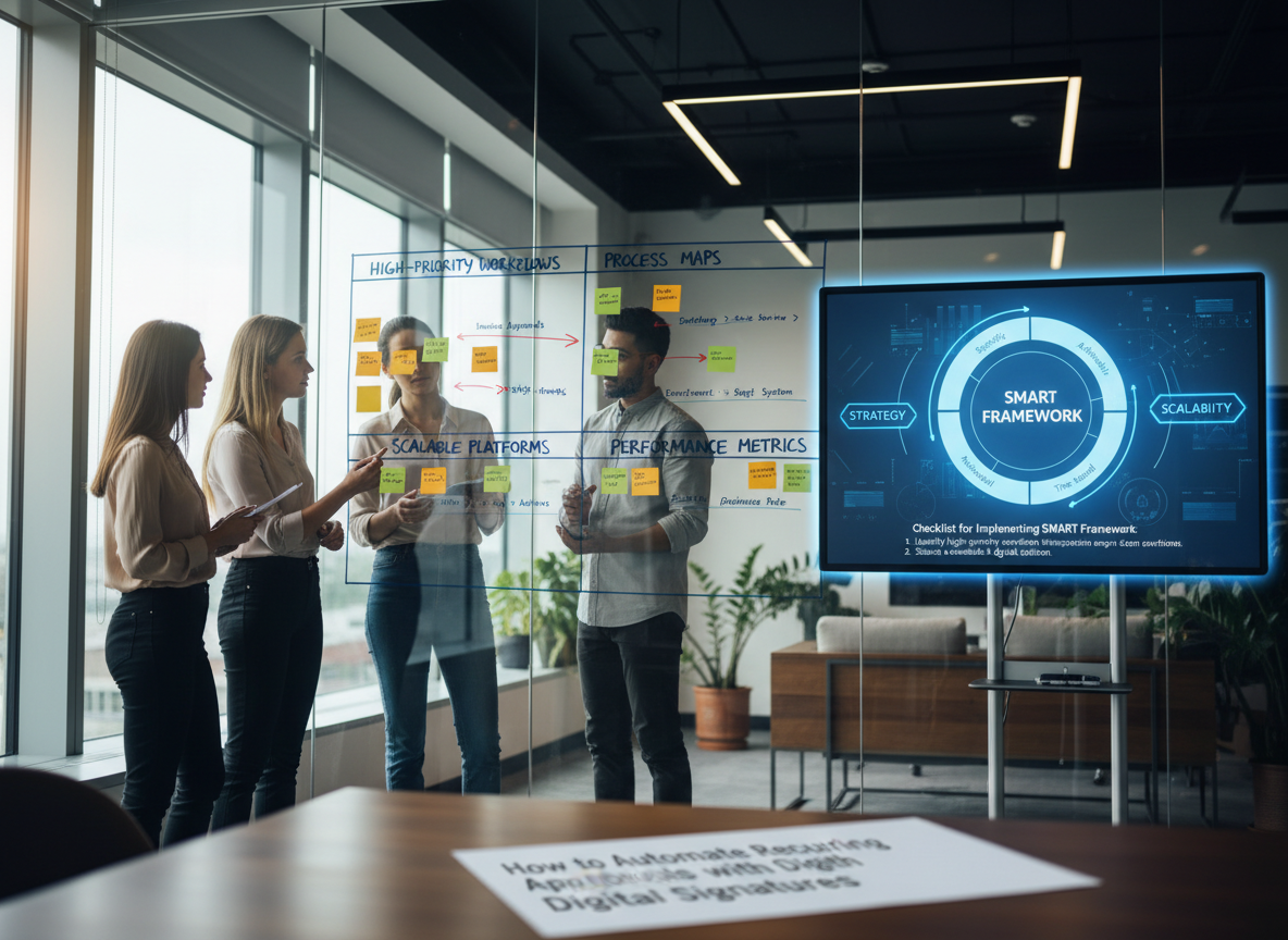 HR team brainstorming around a whiteboard and a touchscreen monitor displaying a SMART framework diagram for workflow automation.