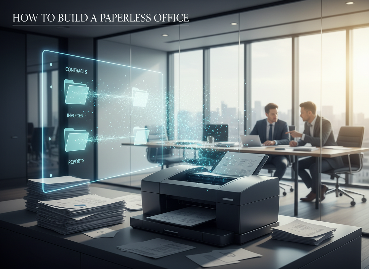 Office scene showing paper documents being scanned into digital files, symbolizing the transition to paperless workflows.