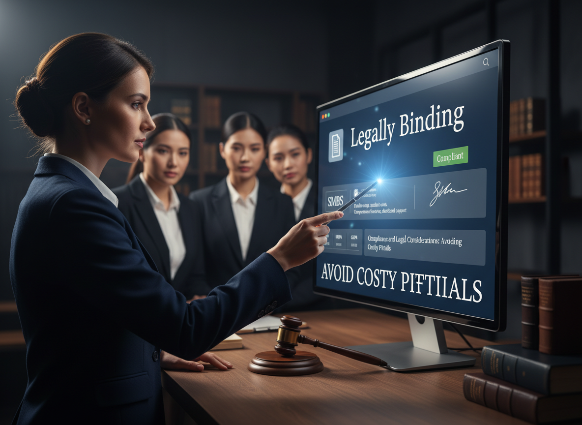 A courtroom-like setting with a legal expert reviewing an e-signature document labeled 'Legally Binding' and 'Compliant.'
