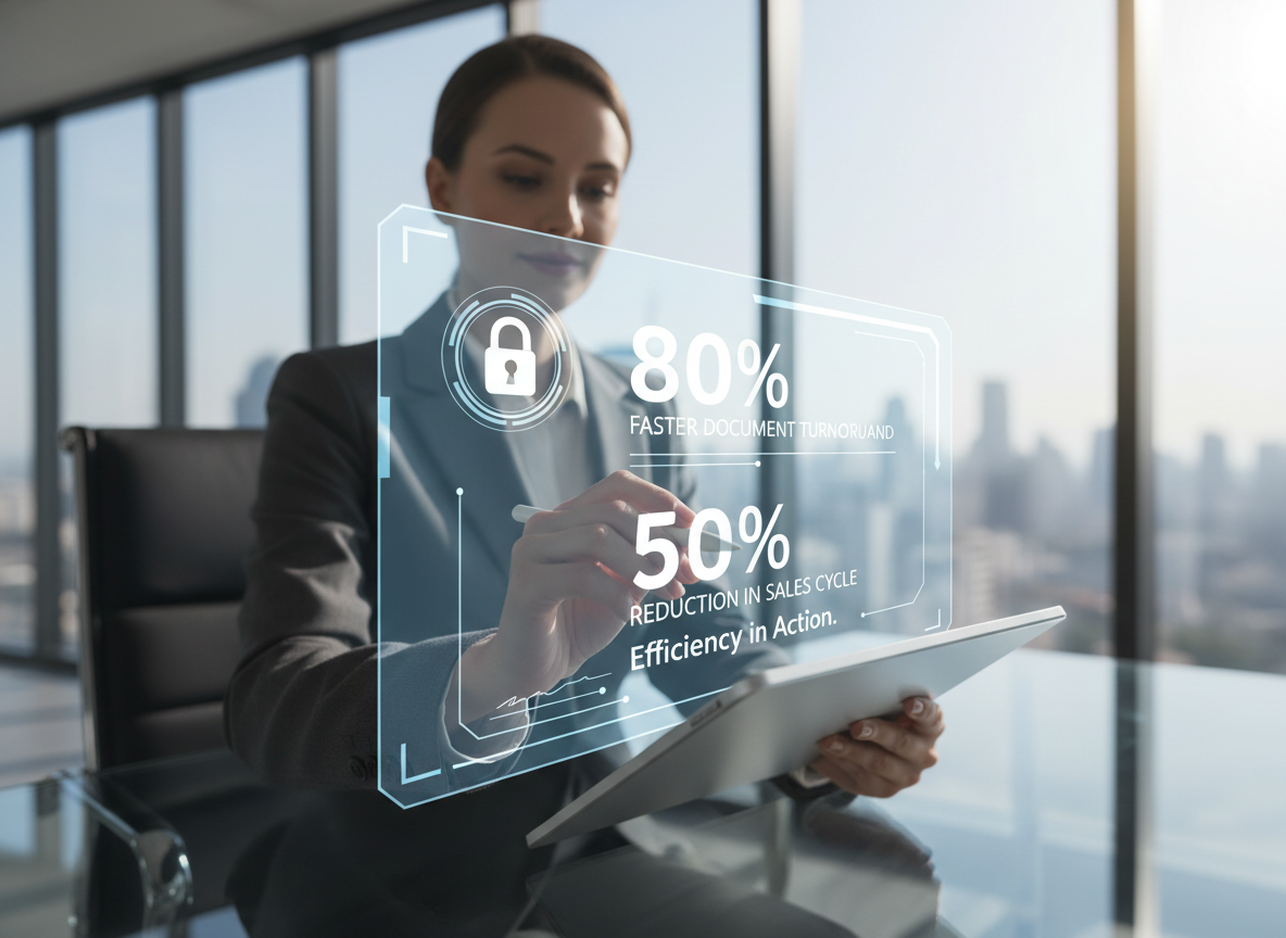 Businesswoman digitally signing a document on a tablet with holographic metrics showing improved efficiency.