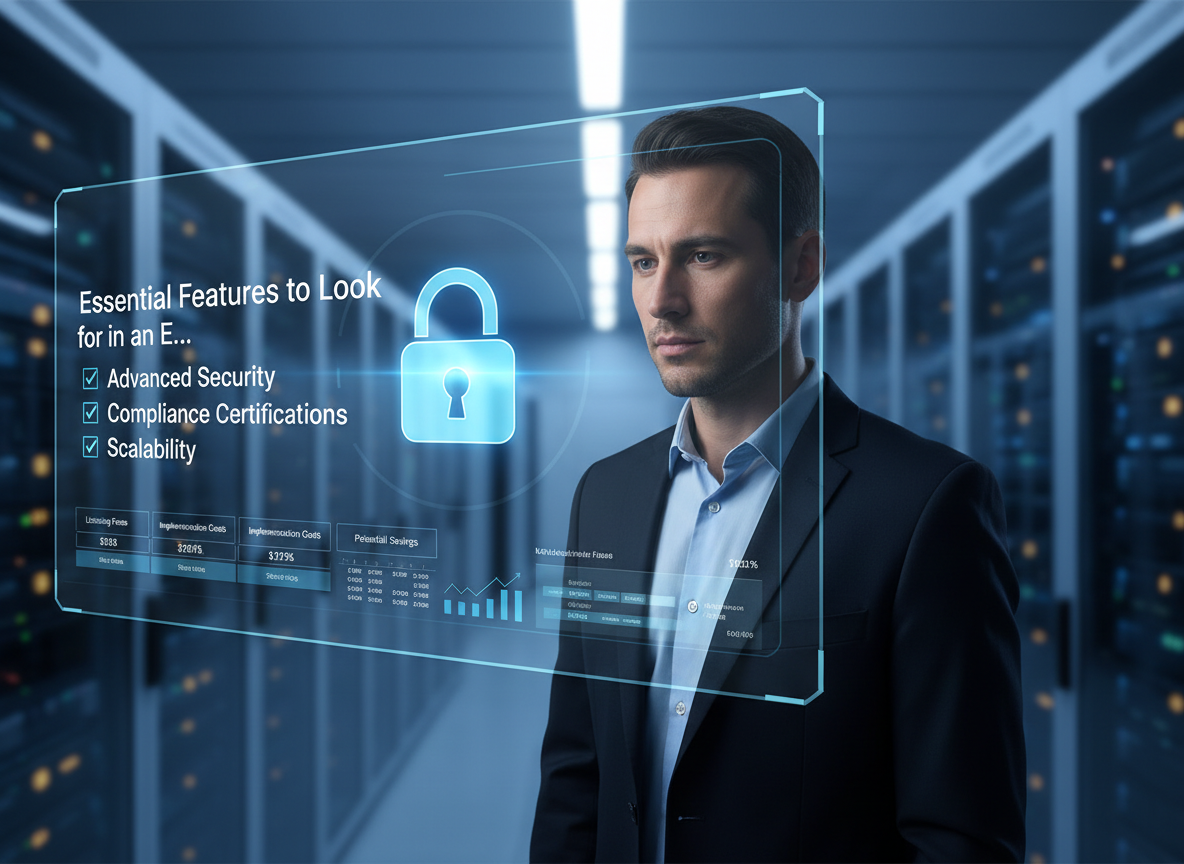 Security analyst reviewing a digital dashboard in a server room with holographic icons showcasing essential e-signature features.
