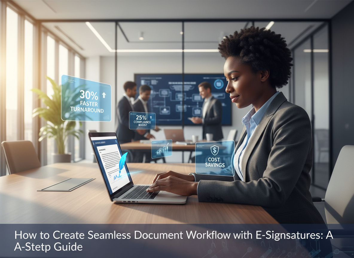 A business manager reviewing an e-signature platform on a laptop with holographic metrics highlighting benefits like faster turnaround and improved compliance.