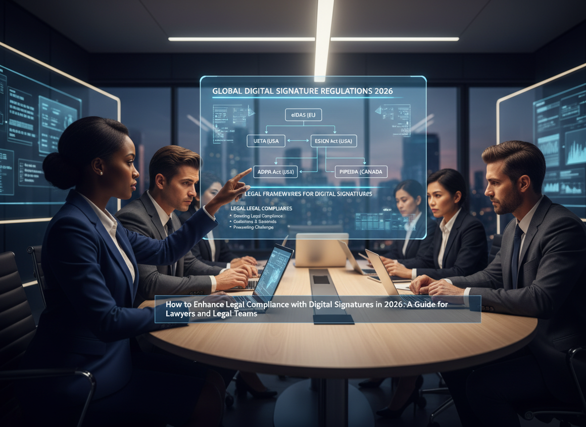 Legal professionals studying a digital flowchart of digital signature regulations in a conference room.