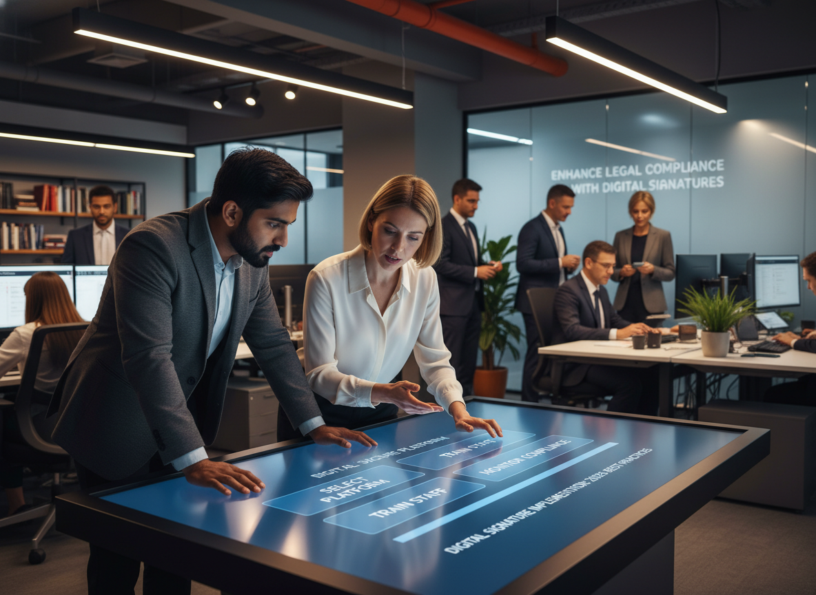 Law firm professionals collaborating on a touchscreen displaying a roadmap for digital signature best practices.