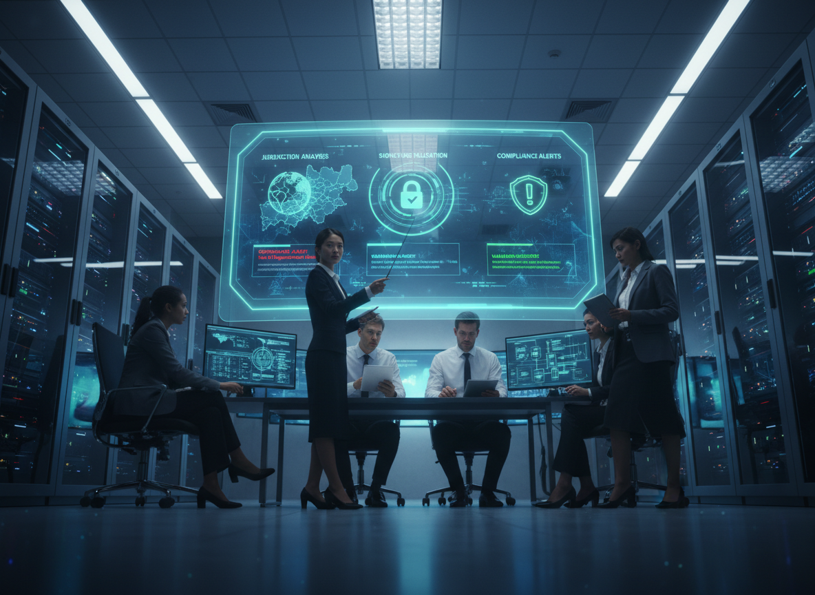 A control room with glowing screens showing jurisdiction analysis and compliance validation, emphasized by a team of IT professionals collaborating.