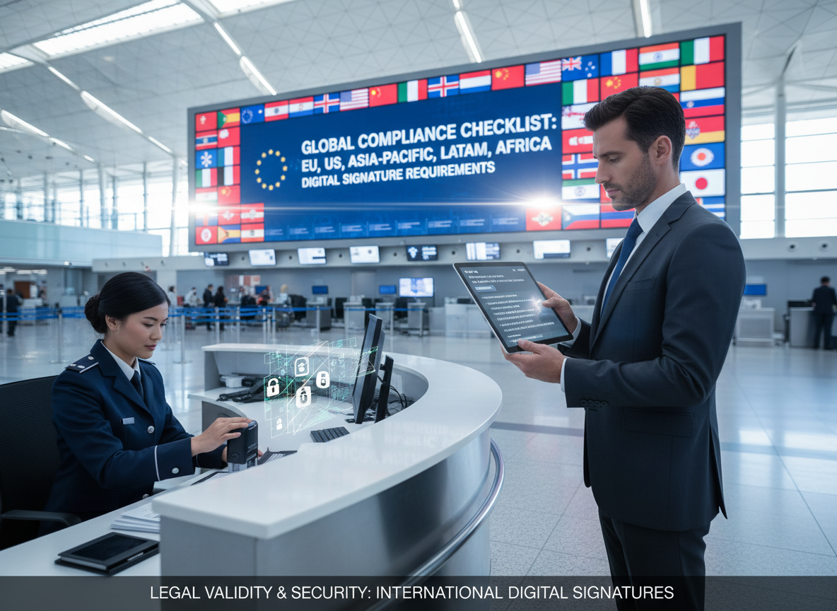 A business executive reviewing country-specific compliance requirements on a tablet in an airport customs area.