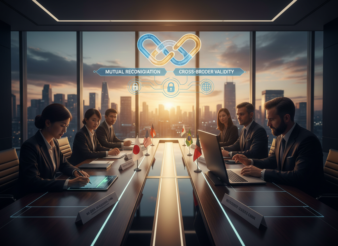 International representatives in a trade negotiation room signing digital documents with holographic chains symbolizing cross-border recognition.