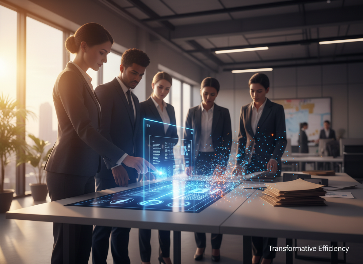 An office scene showing professionals using a touch-screen table to sign documents digitally, symbolizing the shift from paper to e-signatures.