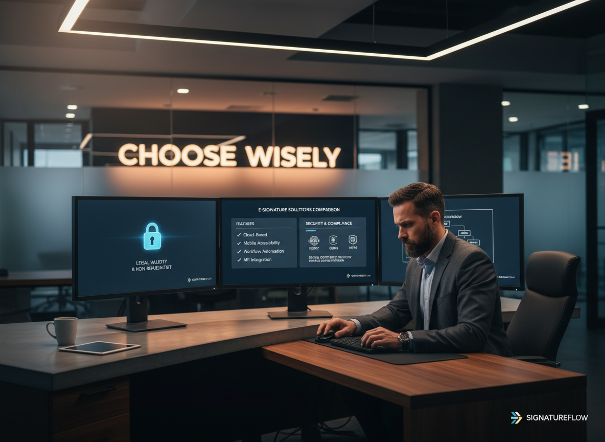 An office scene where an operations manager evaluates e-signature solutions, highlighting the importance of selecting the right one.