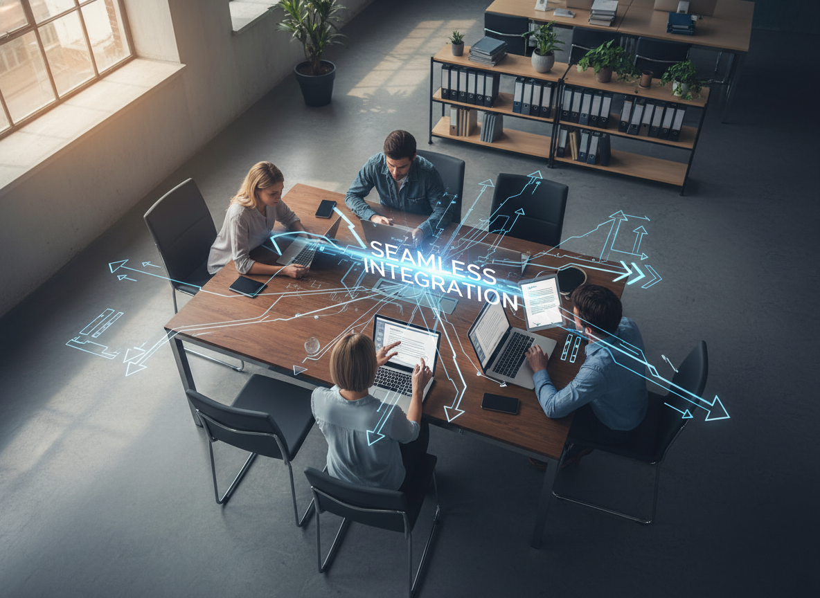 A co-working space showing a team using digital devices to integrate e-signatures into their workflow, symbolized by interconnected digital arrows.