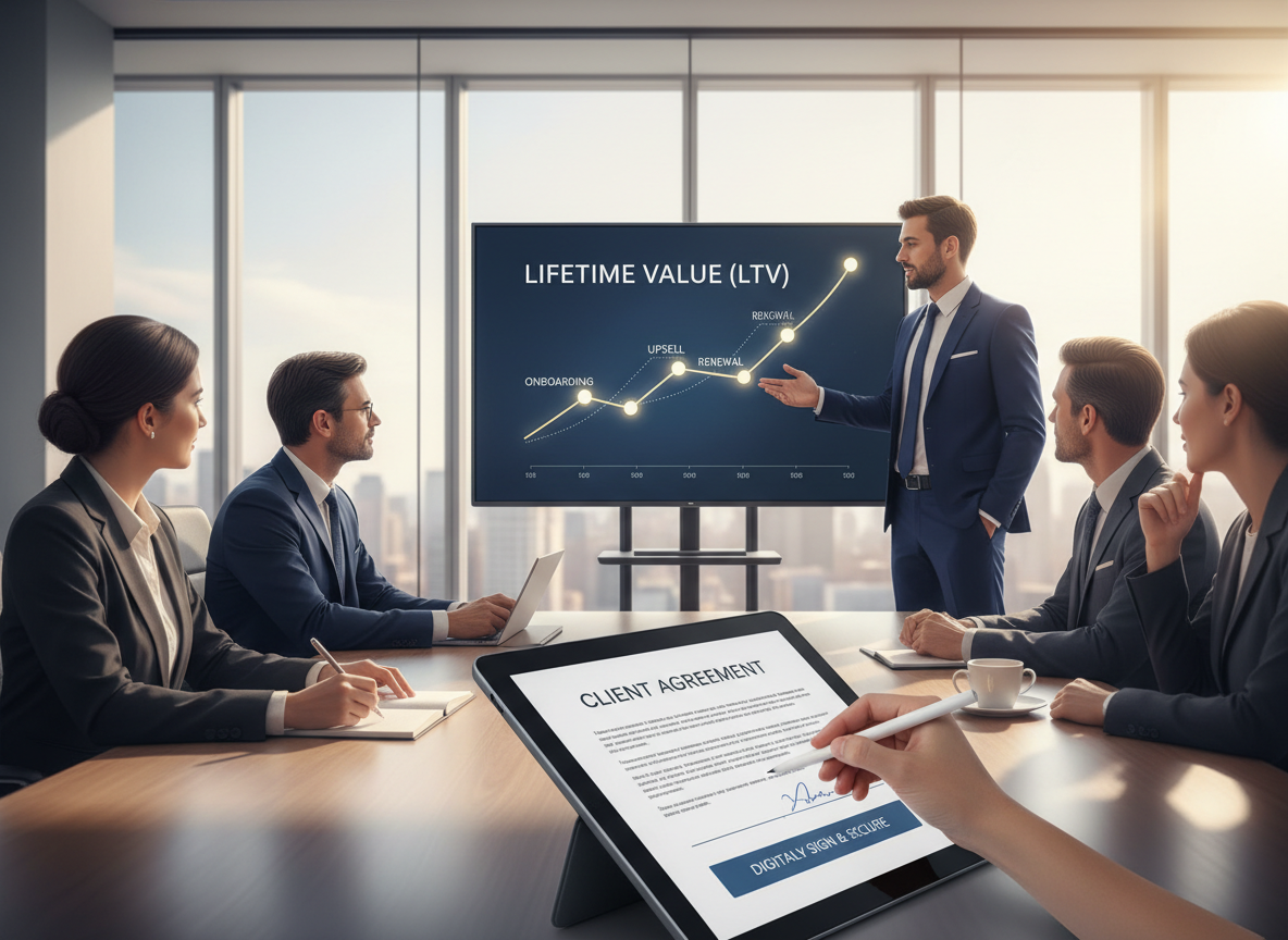 A business analyst presenting a graph on Lifetime Value (LTV) in a modern office, with a tablet showing a digital signature process in progress.