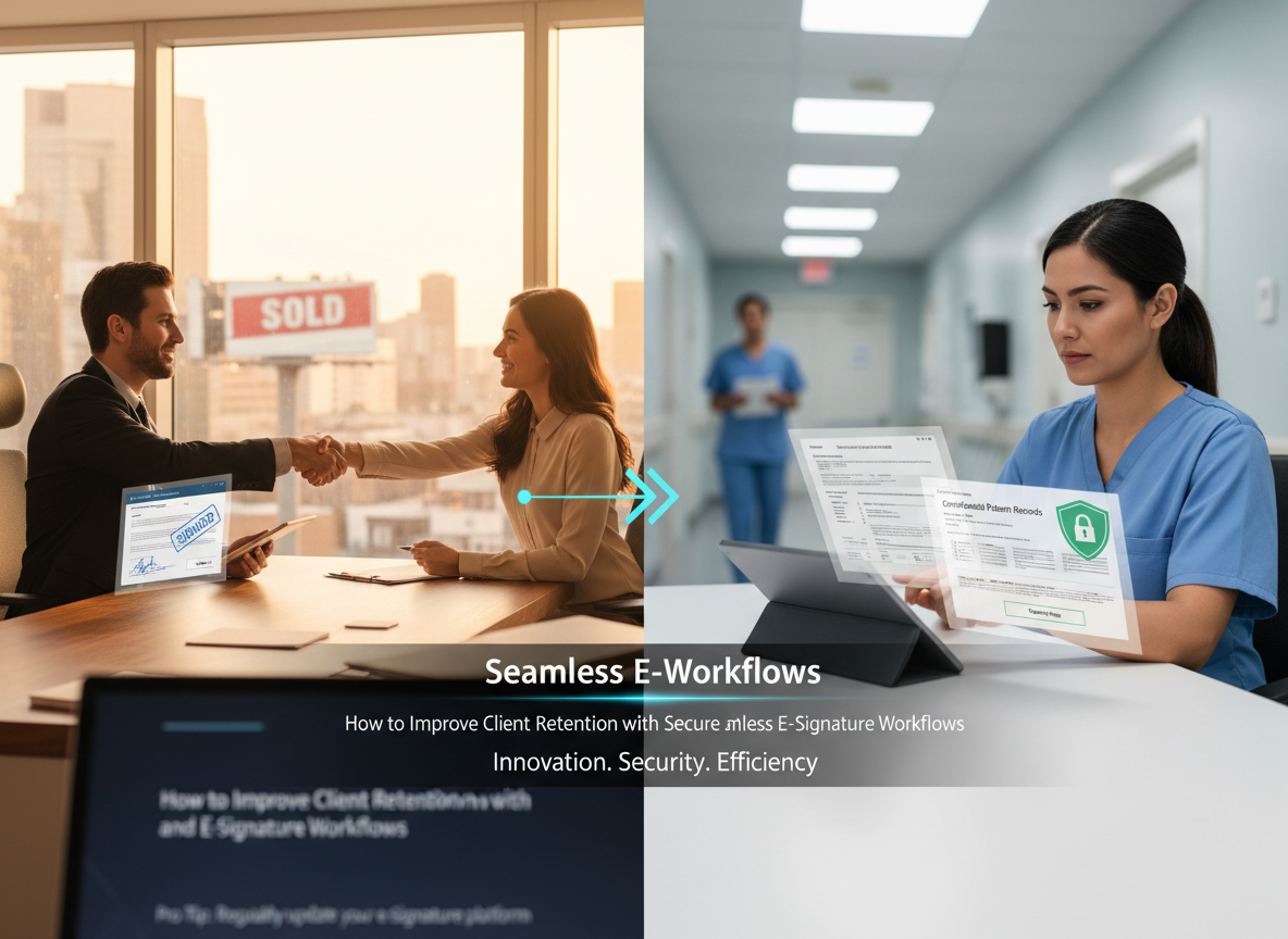 Split-screen showing a real estate agent finalizing a deal and a healthcare administrator signing patient documents digitally, highlighting e-signature versatility.