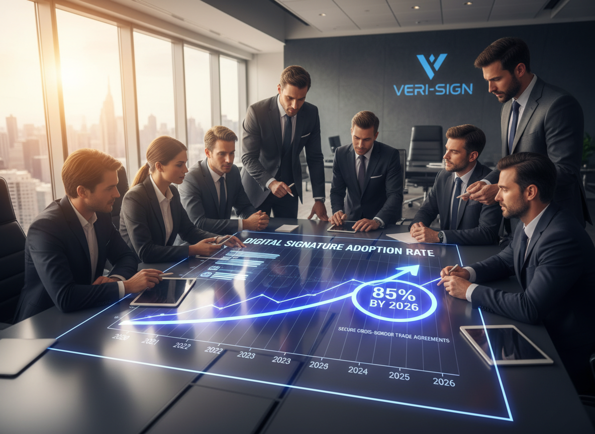 Business professionals in a modern office reviewing a digital chart showing the adoption of digital signatures increasing to 85% by 2026.