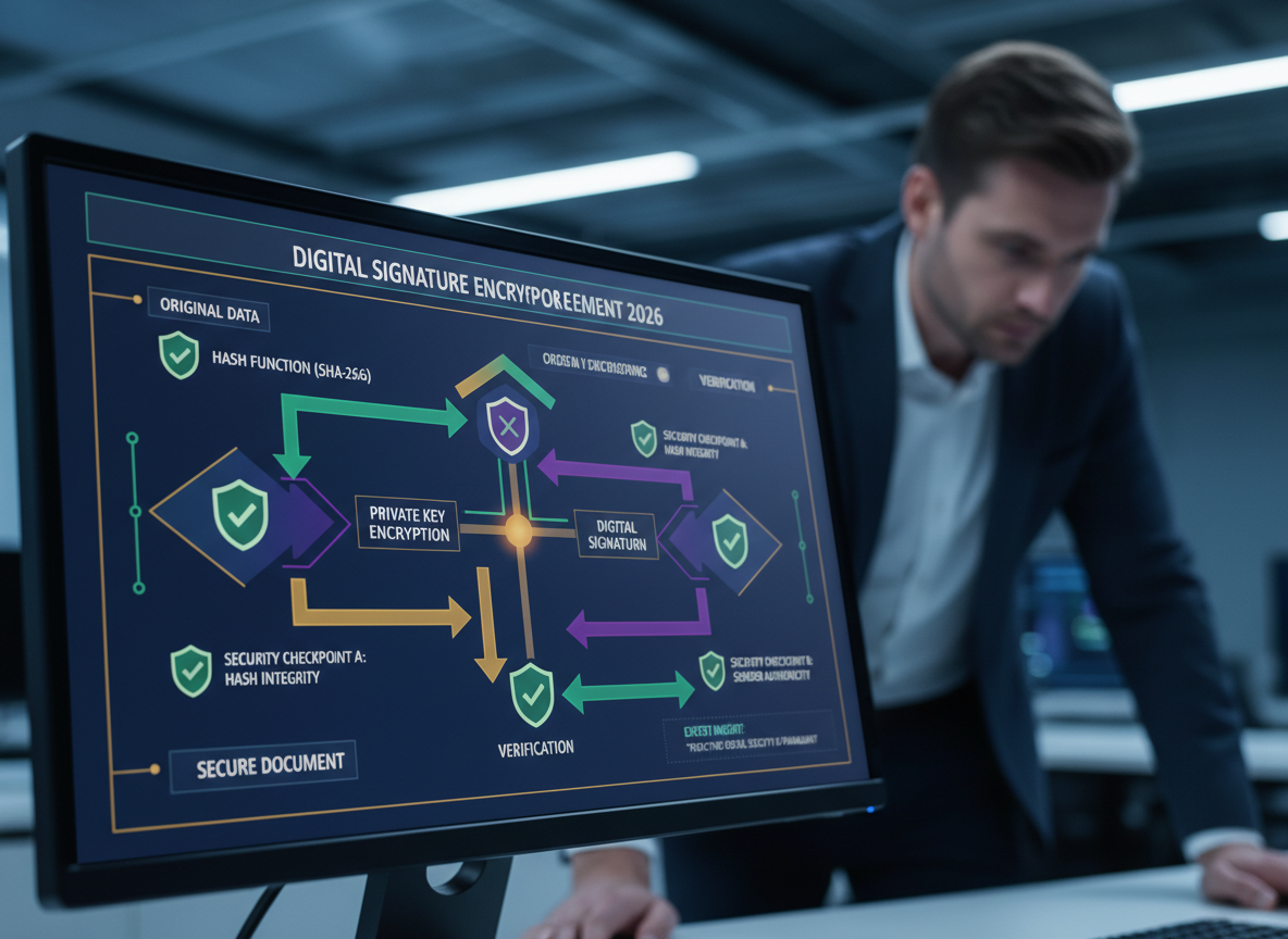 Detailed computer diagram of digital signature encryption with arrows showing data flow and security checkpoints.