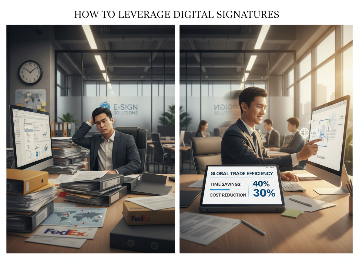Before and after image showing time and cost savings in cross-border trade with digital signatures, featuring a cluttered versus organized office desk.