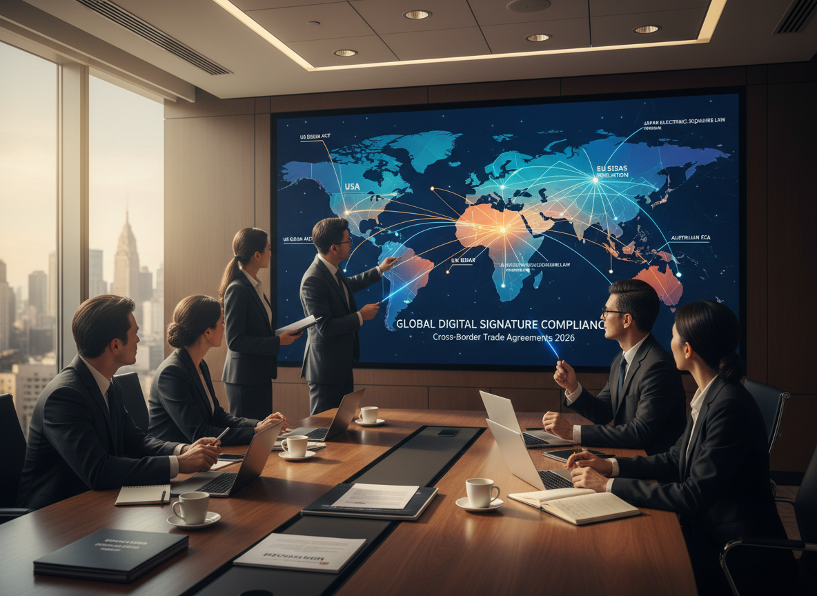 World map on screen showing digital signature compliance paths across countries, with lawyers discussing in a conference room.
