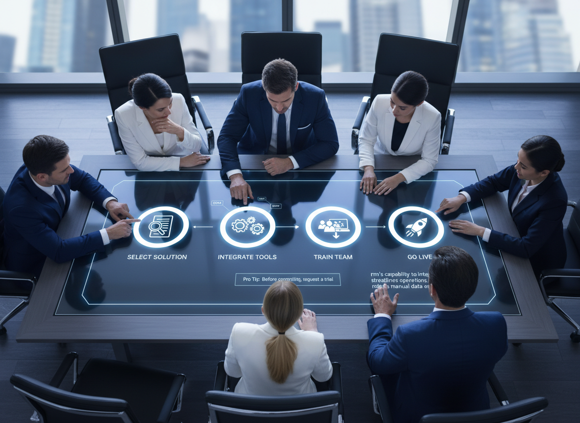 Interactive table showing a step-by-step workflow for implementing digital signatures, with executives actively engaging in a boardroom.