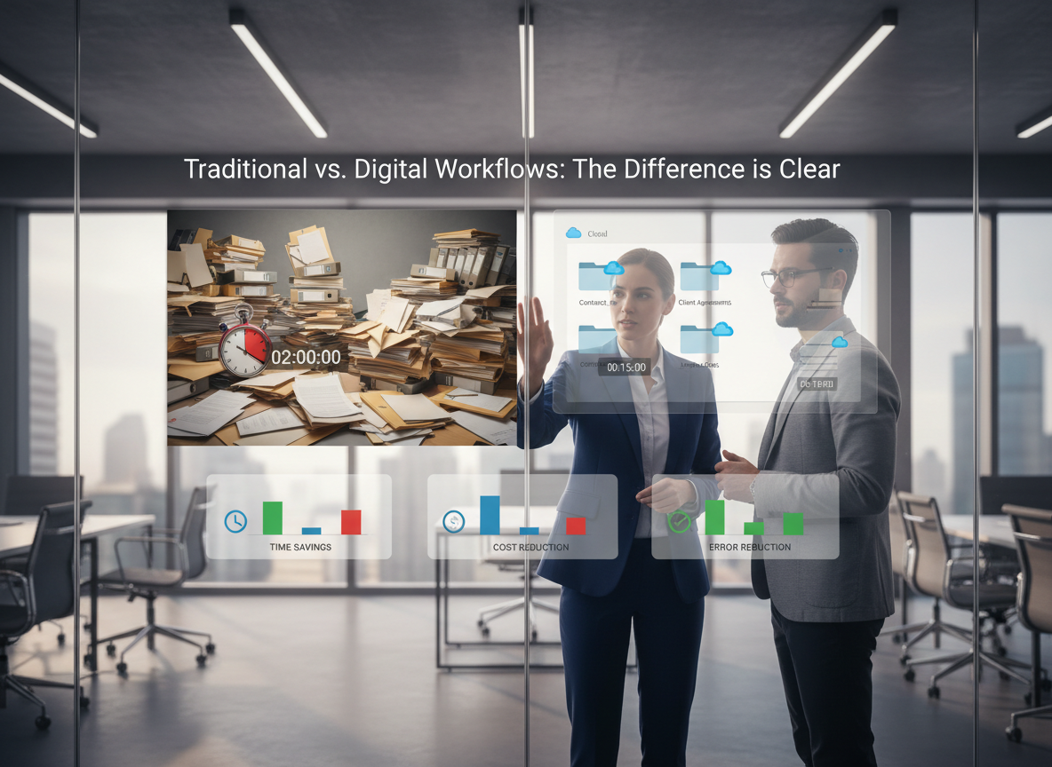Side-by-side comparison of traditional paper workflows vs. e-signature workflows, highlighting time savings, cost reductions, and error minimization.