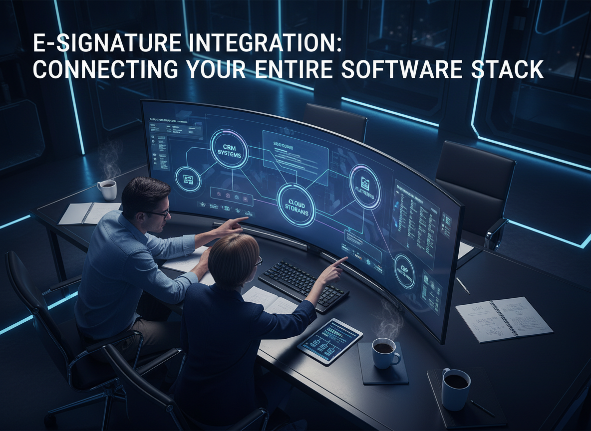 Diagram of software ecosystem showing integration points for e-signatures with CRMs, cloud storage, and ERP systems.