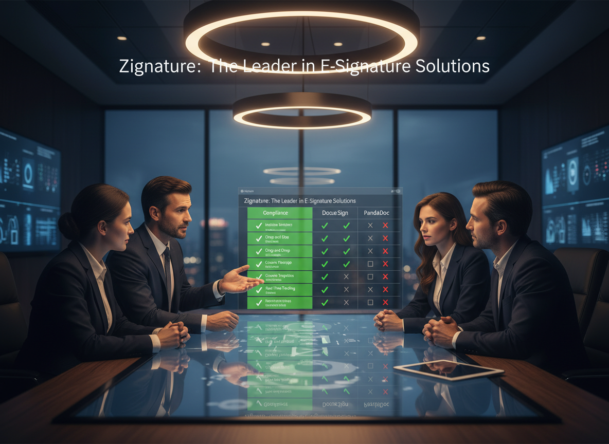 Comparison table featuring e-signature platforms, highlighting Zignature's strengths in compliance, ease of use, and API capabilities.