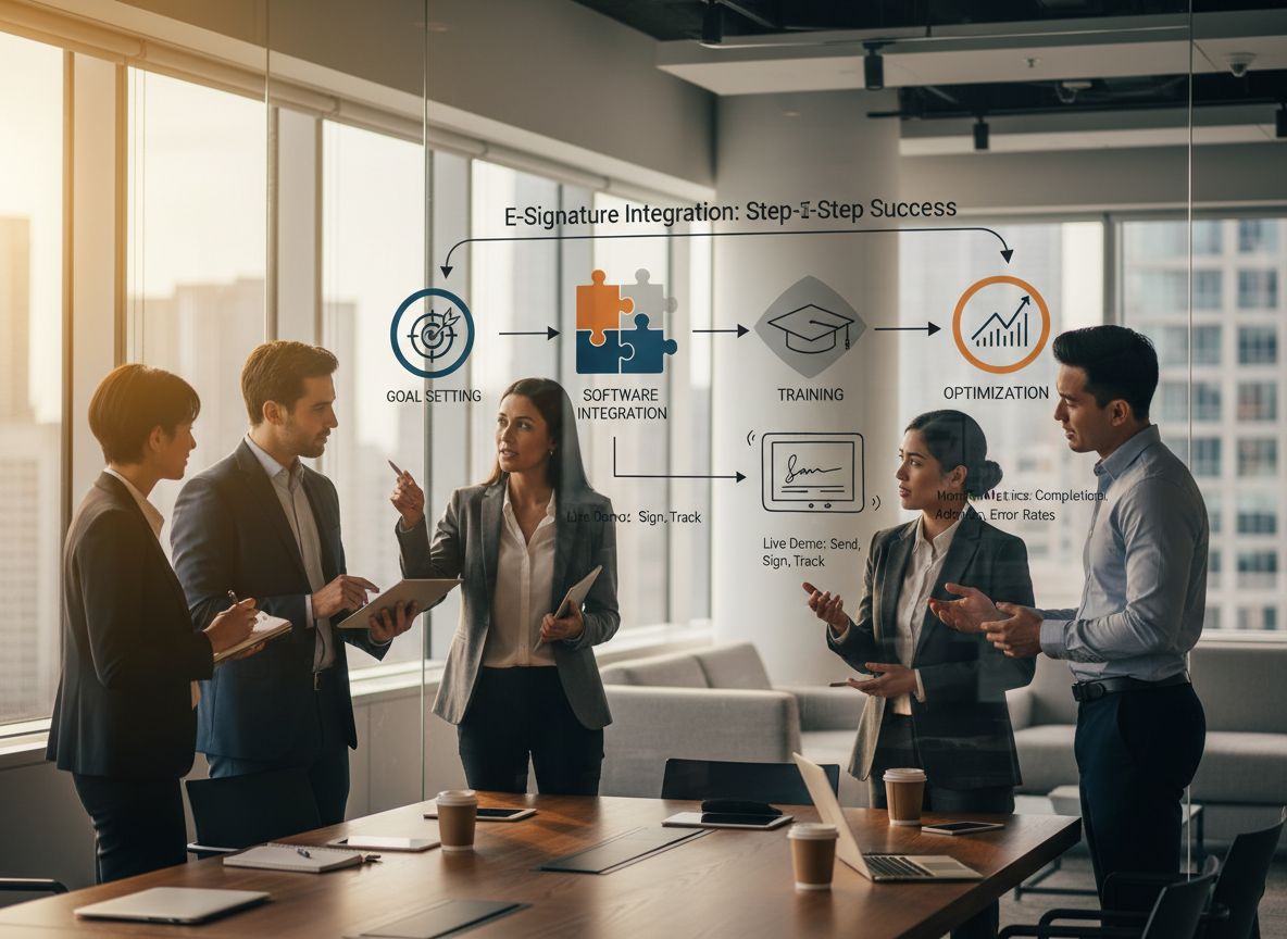 Step-by-step workflow diagram showing e-signature integration process with icons for goal setting, integration, training, and optimization.