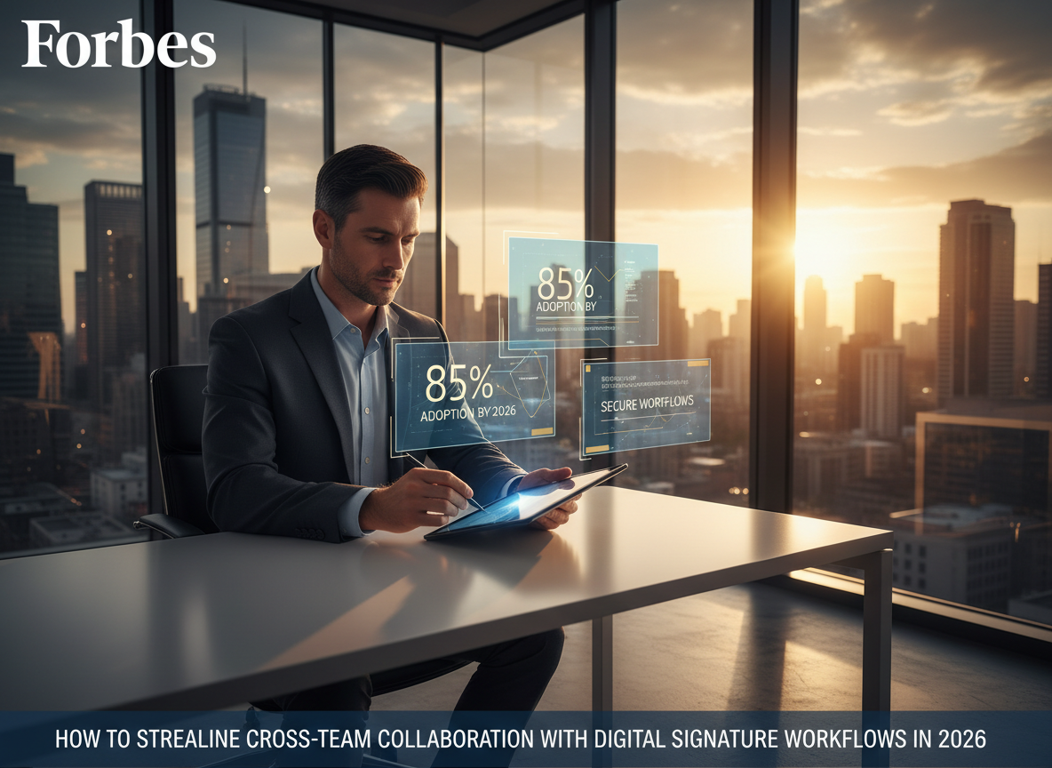 A business professional digitally signing a document in a modern office with holographic overlays showing '85% Adoption by 2026' and 'Secure Workflows.'