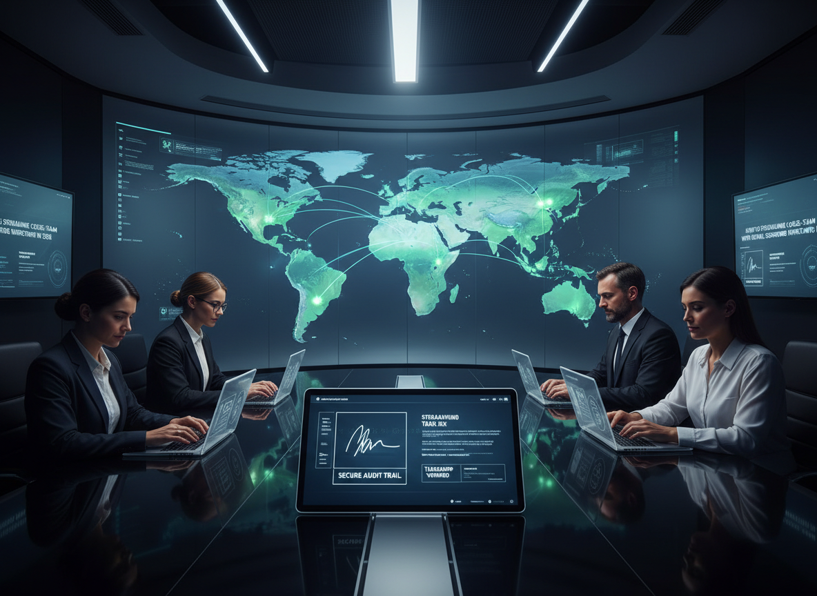 A high-tech conference room with a global map projection showing connected cities and a digital signature interface highlighting 'Secure Audit Trail' and 'Timestamp Verified.'
