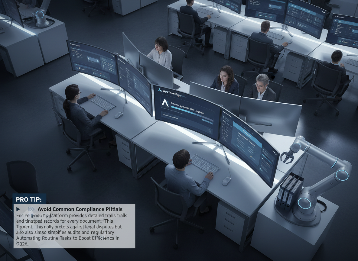 An overhead view of an office with a robotic arm filing signed contracts and monitors displaying 'Automated Approvals: 98% Completed,' highlighting efficiency.