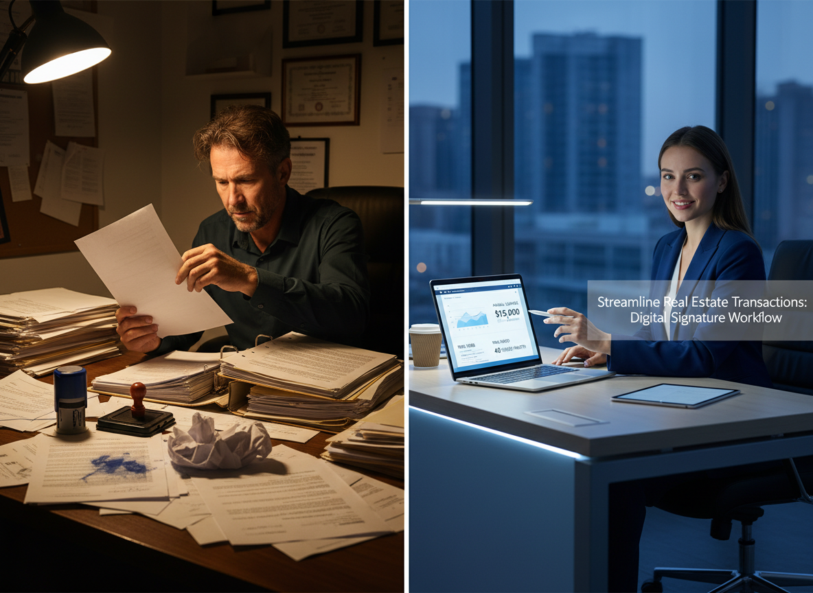 Side-by-side comparison of paper-based and digital signature workflows in a real estate office.