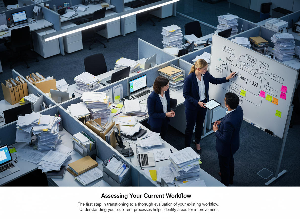 An overhead view of a cluttered office workspace with paper stacks and a team leader pointing at a whiteboard mapping out workflow inefficiencies.