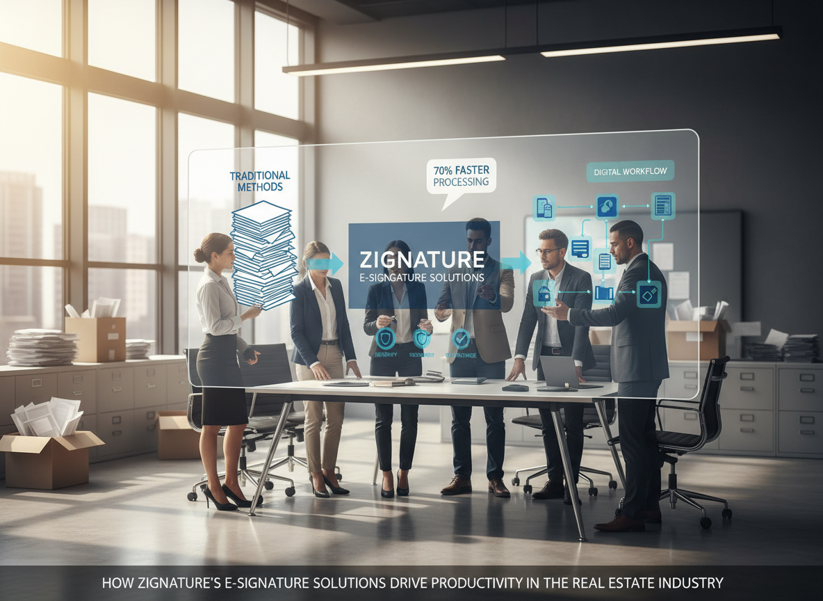 Real estate agents reviewing a workflow diagram on a digital screen, highlighting faster processing and reduced errors with Zignature e-signatures.