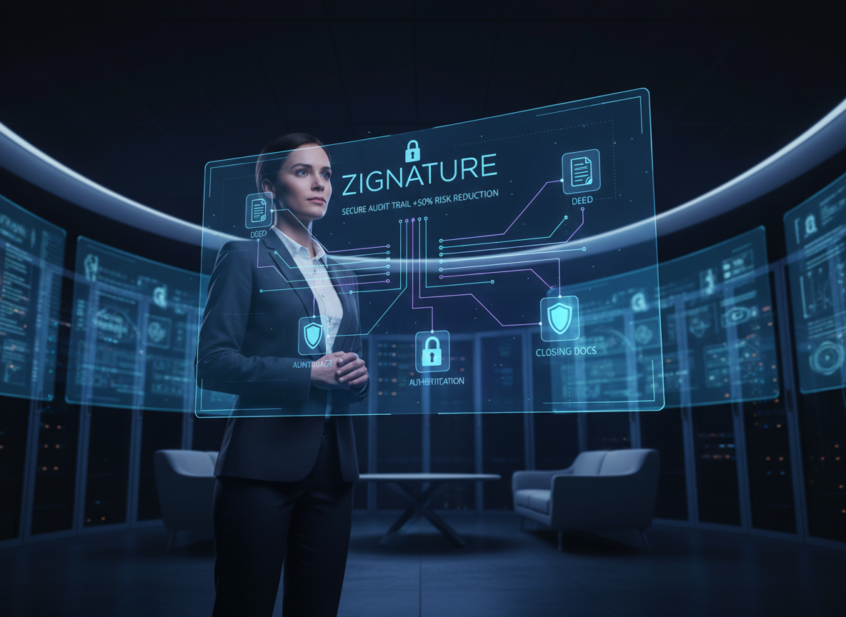 Real estate attorney examining a holographic security diagram with encryption and authentication features in a high-tech setting.