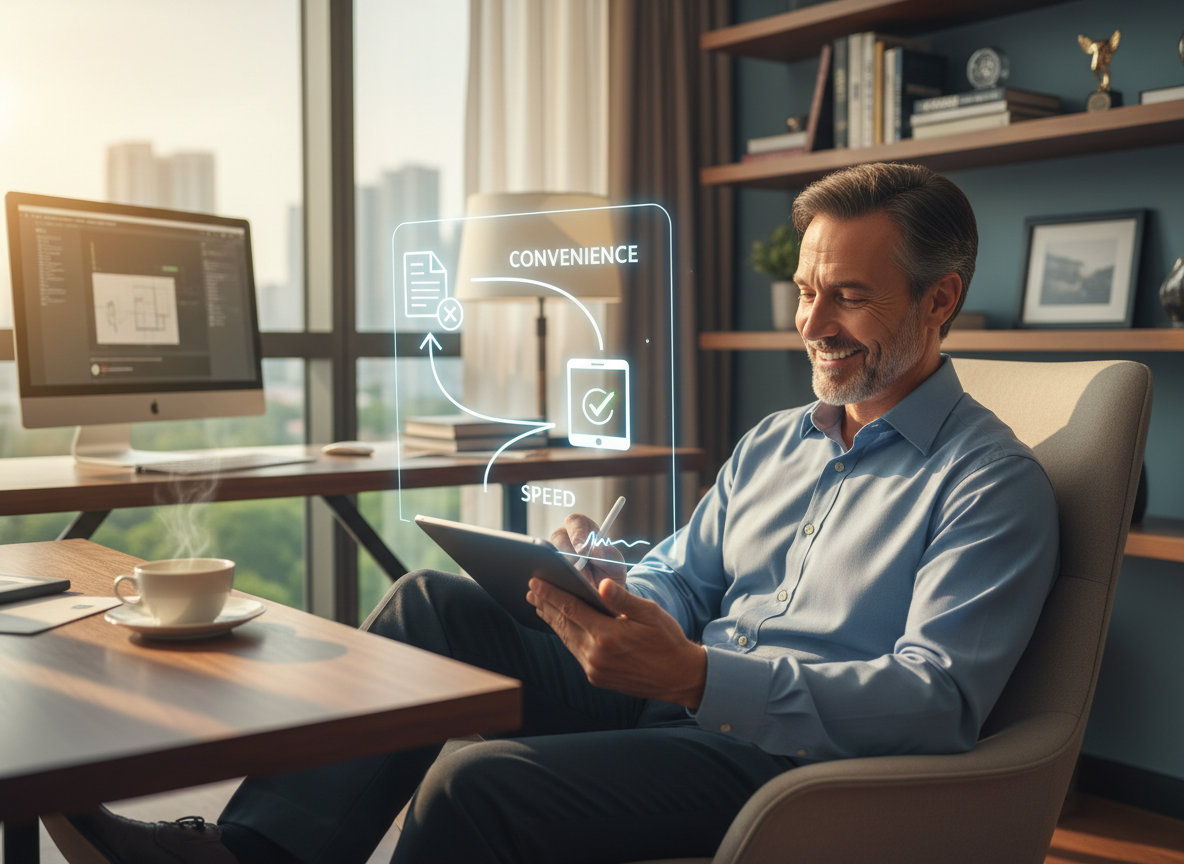 Client signing a document on a tablet at home, with a journey map overlay highlighting convenience and speed improvements.