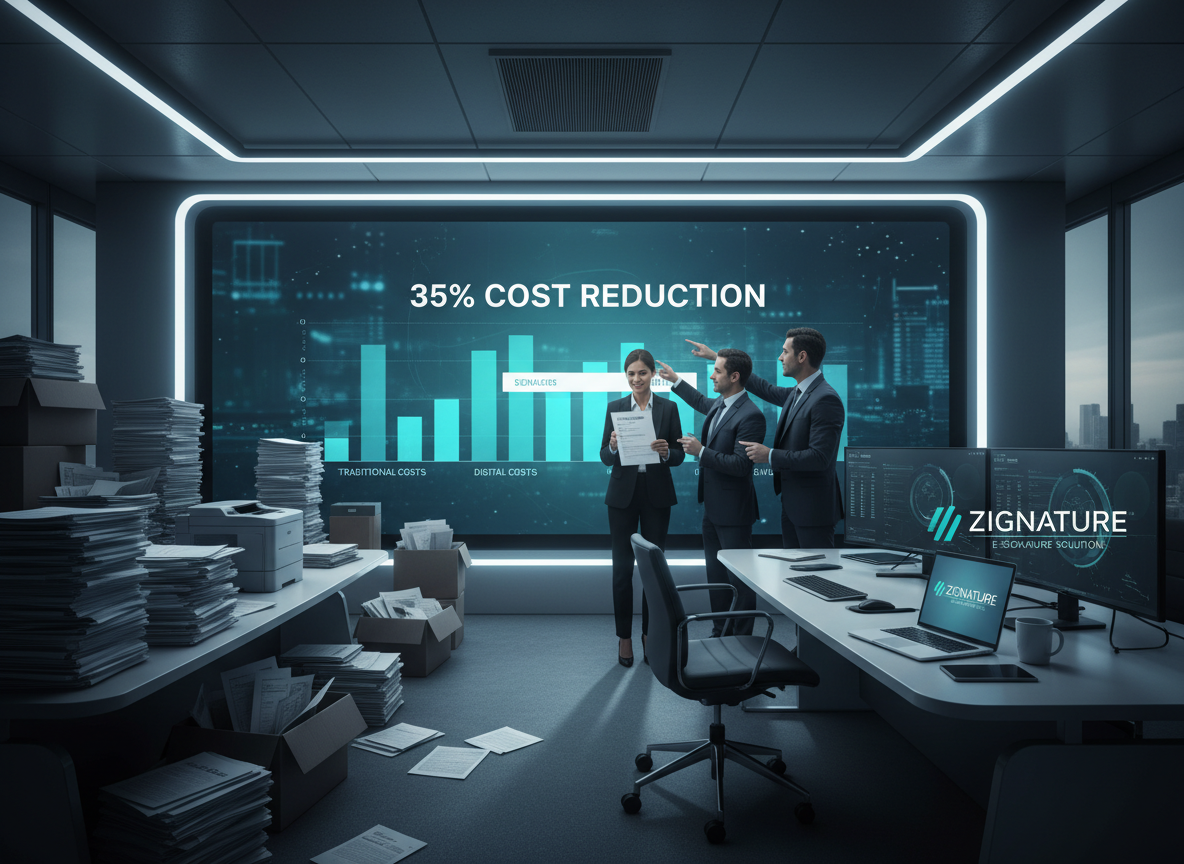Executives examining a digital bar chart comparing costs, highlighting a 35% reduction with digital document management.