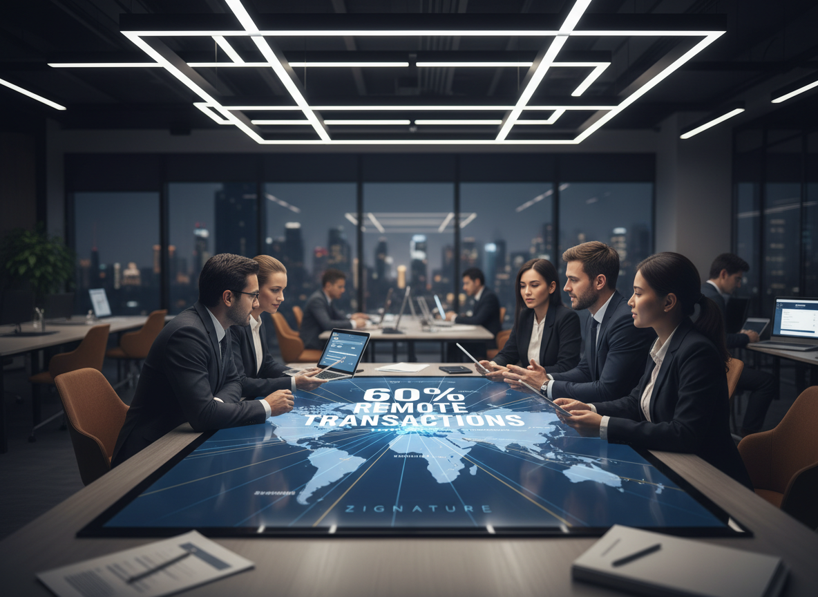 Professionals in a co-working space viewing a global map on a screen, showing connection lines for remote transactions with e-signatures.